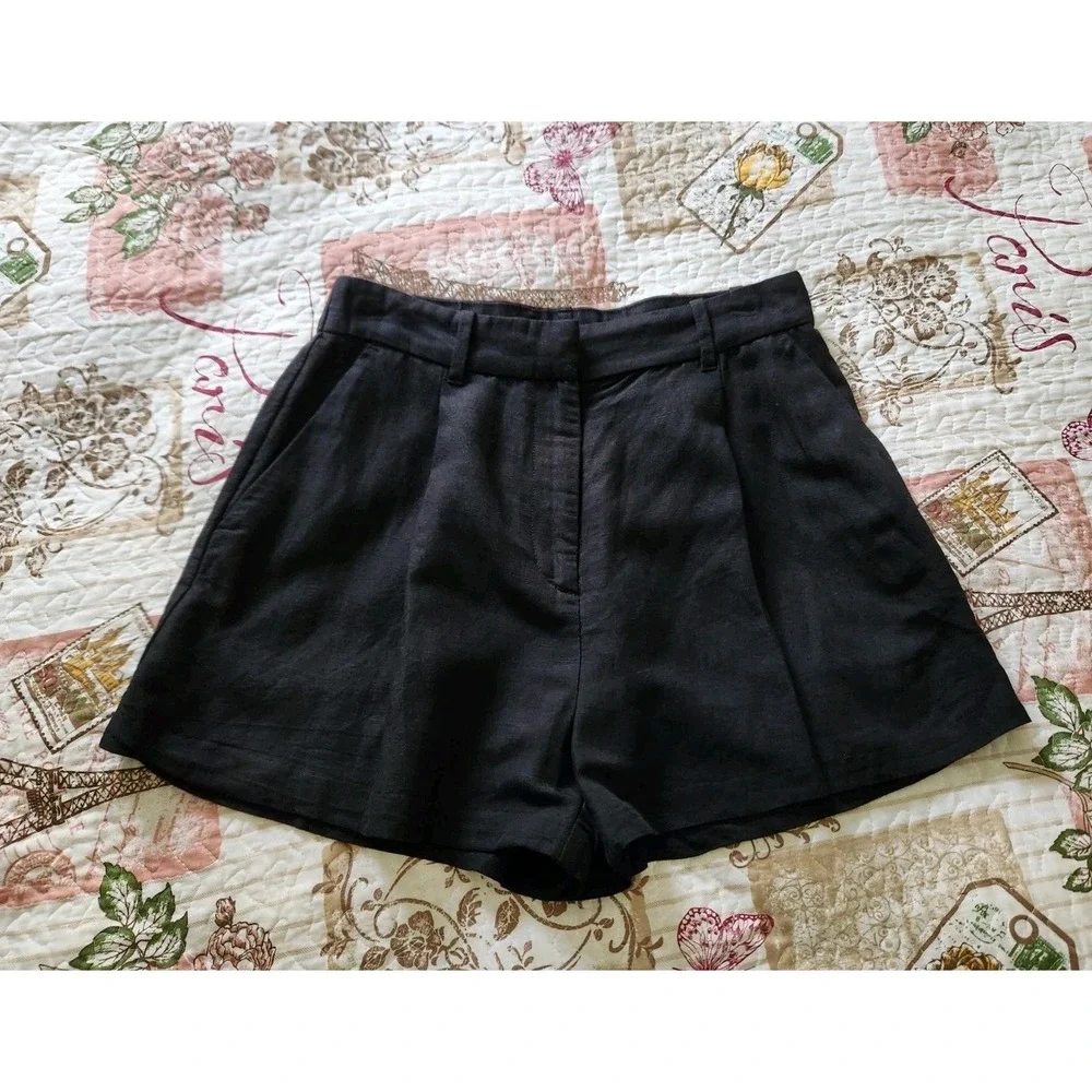 Women's Lined Blend Pleated Shorts High-Rise Pockets Black Size 8‎